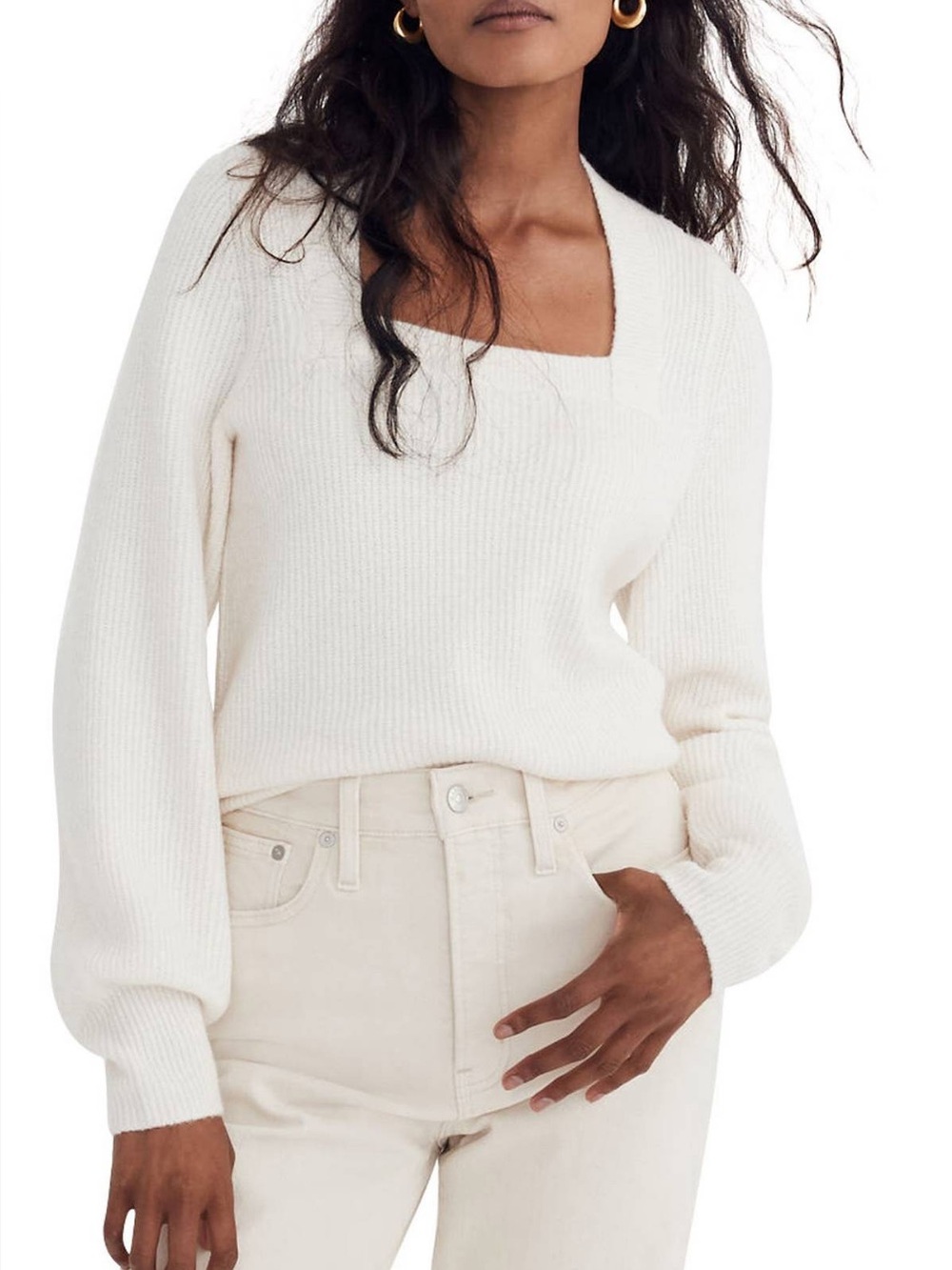 Madewell Melwood Square Neck Cropped Sweater Antique Cream Wool Blend M